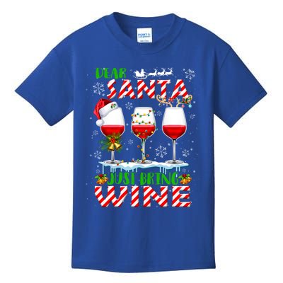 Dear Santa Just Bring Wine Christmas Lights Santa Reindeer Gift Kids T-Shirt