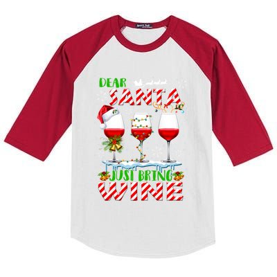 Dear Santa Just Bring Wine Christmas Lights Santa Reindeer Gift Kids Colorblock Raglan Jersey