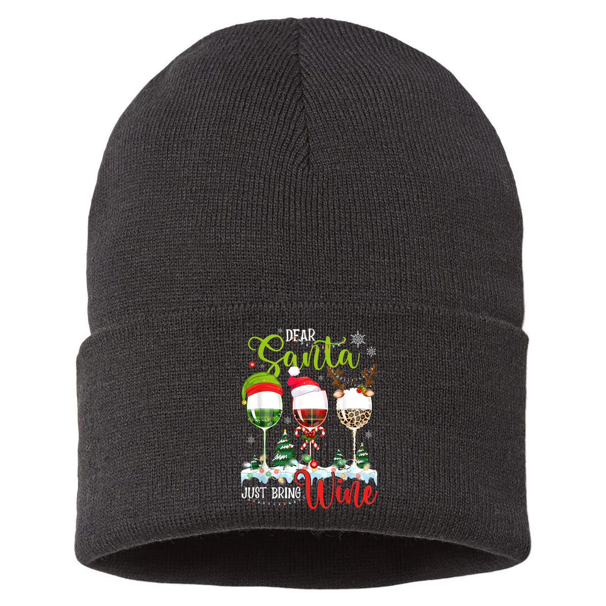 Dear Santa Just Bring Wine Funny Christmas Wine Glasses Sustainable Knit Beanie