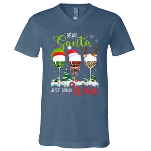 Dear Santa Just Bring Wine Funny Christmas Wine Glasses V-Neck T-Shirt