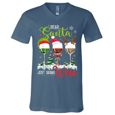 Dear Santa Just Bring Wine Funny Christmas Wine Glasses V-Neck T-Shirt