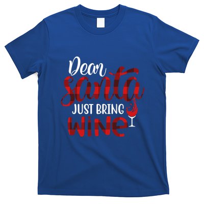 Dear Santa Just Bring Wine Funny Wine Meme Buffalo Plaid Gift T-Shirt