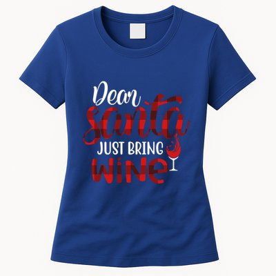 Dear Santa Just Bring Wine Funny Wine Meme Buffalo Plaid Gift Womens T-Shirt
