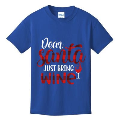 Dear Santa Just Bring Wine Funny Wine Meme Buffalo Plaid Gift Kids T-Shirt