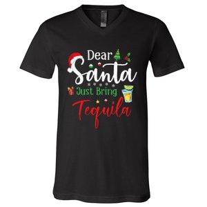 Dear Santa Just Bring Tequila Funny Drinking Christmas V-Neck T-Shirt