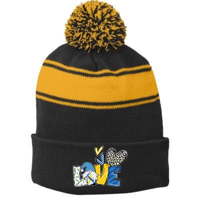 Down Syndrome Love Gnome Awareness Stripe Pom Pom Beanie