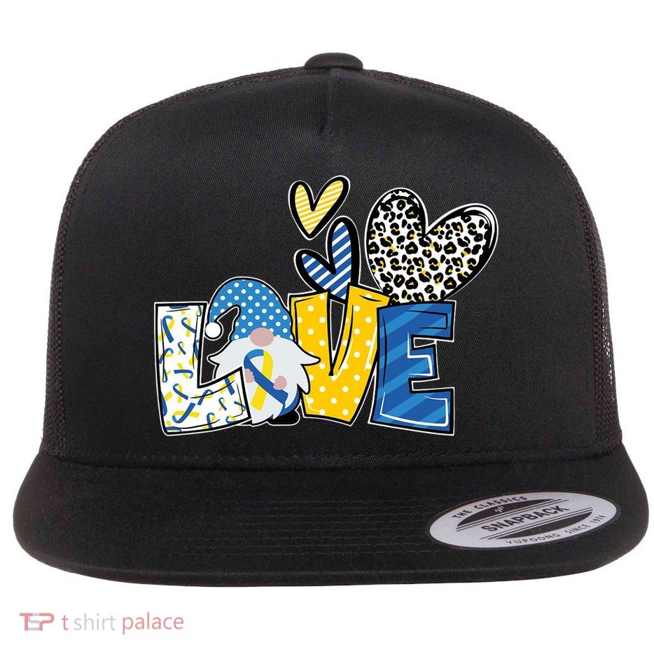 Down Syndrome Love Gnome Awareness Flat Bill Trucker Hat