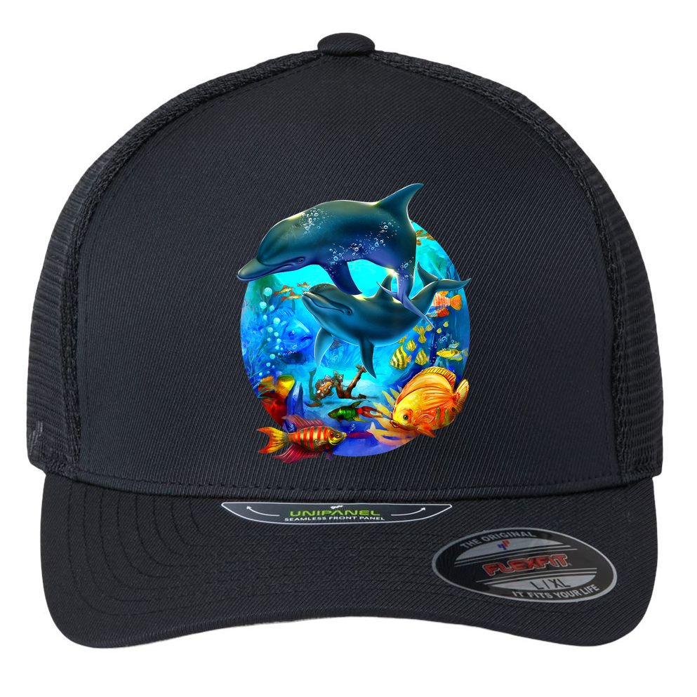 Dolphin Sea Life Save The Ocean Marine Biology Aquarium Flexfit Unipanel Trucker Cap