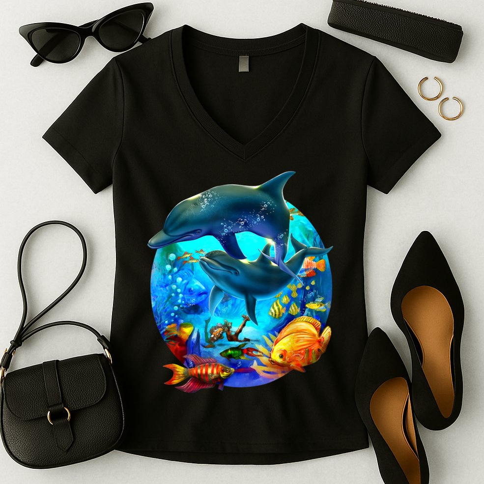 Dolphin Sea Life Save The Ocean Marine Biology Aquarium Women's V-Neck T-Shirt