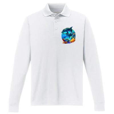 Dolphin Sea Life Save The Ocean Marine Biology Aquarium Performance Long Sleeve Polo