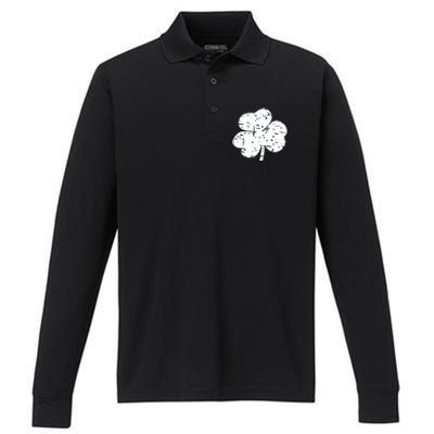 Distressed Shamrock Lucky Clover Vintage St Patrick's Day Performance Long Sleeve Polo