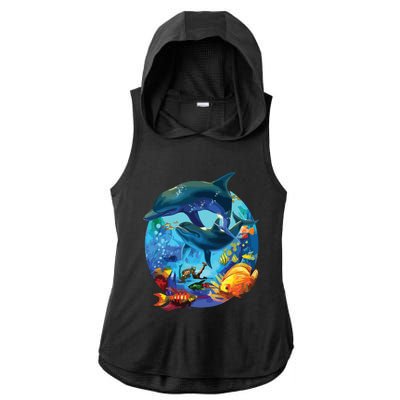 Dolphin Sea Life Save The Ocean Marine Biology Aquarium Ladies PosiCharge Tri-Blend Wicking Draft Hoodie Tank