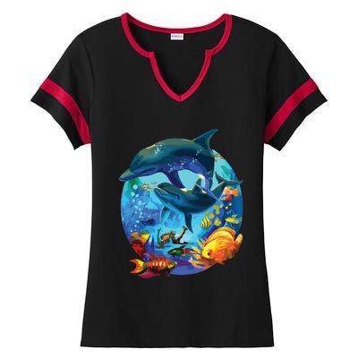 Dolphin Sea Life Save The Ocean Marine Biology Aquarium Ladies Halftime Notch Neck Tee