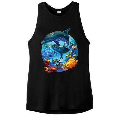 Dolphin Sea Life Save The Ocean Marine Biology Aquarium Ladies PosiCharge Tri-Blend Wicking Tank