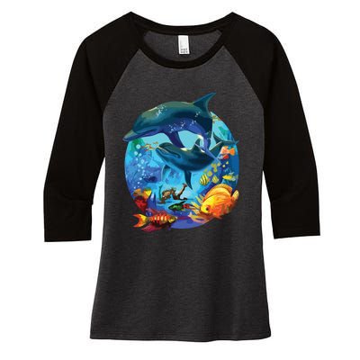 Dolphin Sea Life Save The Ocean Marine Biology Aquarium Women's Tri-Blend 3/4-Sleeve Raglan Shirt