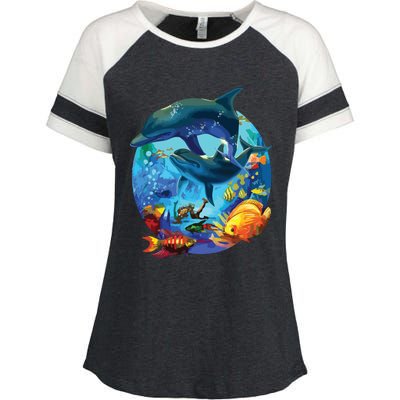 Dolphin Sea Life Save The Ocean Marine Biology Aquarium Enza Ladies Jersey Colorblock Tee