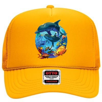 Dolphin Sea Life Save The Ocean Marine Biology Aquarium High Crown Mesh Back Trucker Hat