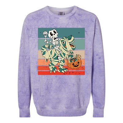 Dinosaur Skeleton Mummy Halloween Pumpkin Trick Or Treat Gift Colorblast Crewneck Sweatshirt