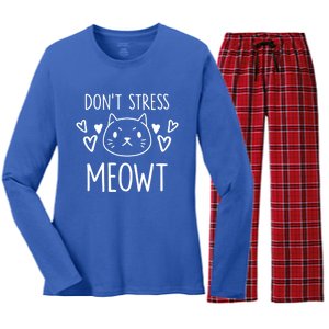 Dont Stress Meowt Funny Cat Mom Pun Sarcastic Kitten Lover Gift Women's Long Sleeve Flannel Pajama Set 