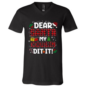 Dear Santa My Cousin Did It Buffalo Plaid Christmas Pajama V-Neck T-Shirt