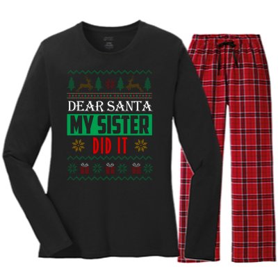 Dear Santa My Sister Did It Ugly Christmas Women's Long Sleeve Flannel Pajama Set 