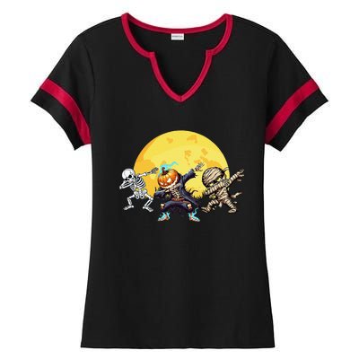 Dabbing Skeleton Mummy Spooky Squad Halloween Gift Ladies Halftime Notch Neck Tee