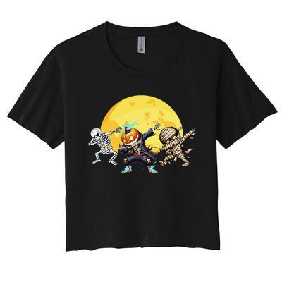 Dabbing Skeleton Mummy Spooky Squad Halloween Gift Women's Crop Top Tee