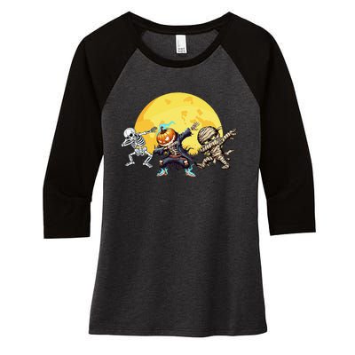 Dabbing Skeleton Mummy Spooky Squad Halloween Gift Women's Tri-Blend 3/4-Sleeve Raglan Shirt