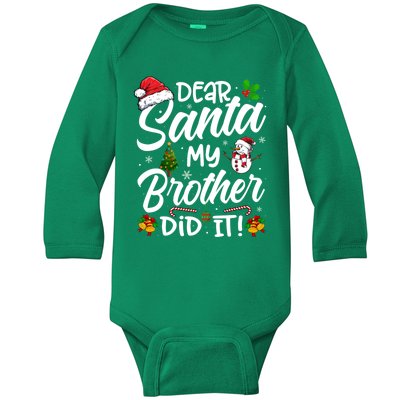 Dear Santa My Brother Did It Xmas Christmas Cute Baby Long Sleeve Bodysuit