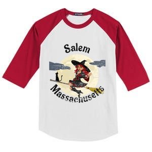 Distressed Salem Massachusetts Pretty Witch Black Cat Broom Cute Gift Kids Colorblock Raglan Jersey