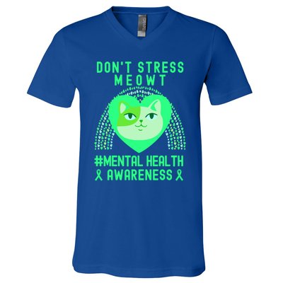 Don't Stress Meowt Tal Health Awareness Rainbow Heart Cat Gift V-Neck T-Shirt