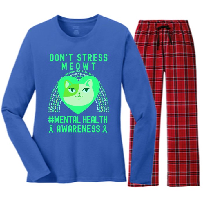 Don't Stress Meowt Tal Health Awareness Rainbow Heart Cat Gift Women's Long Sleeve Flannel Pajama Set 