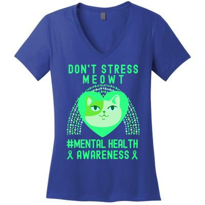 Don't Stress Meowt Tal Health Awareness Rainbow Heart Cat Gift Women's V-Neck T-Shirt