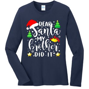 Dear Santa My Brother Did It Funny Christmas Pajama Ladies Long Sleeve Shirt