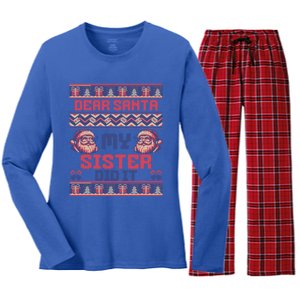 Dear Santa My Sister Did It Funny Ugly Christmas Design Cute Gift Women's Long Sleeve Flannel Pajama Set 