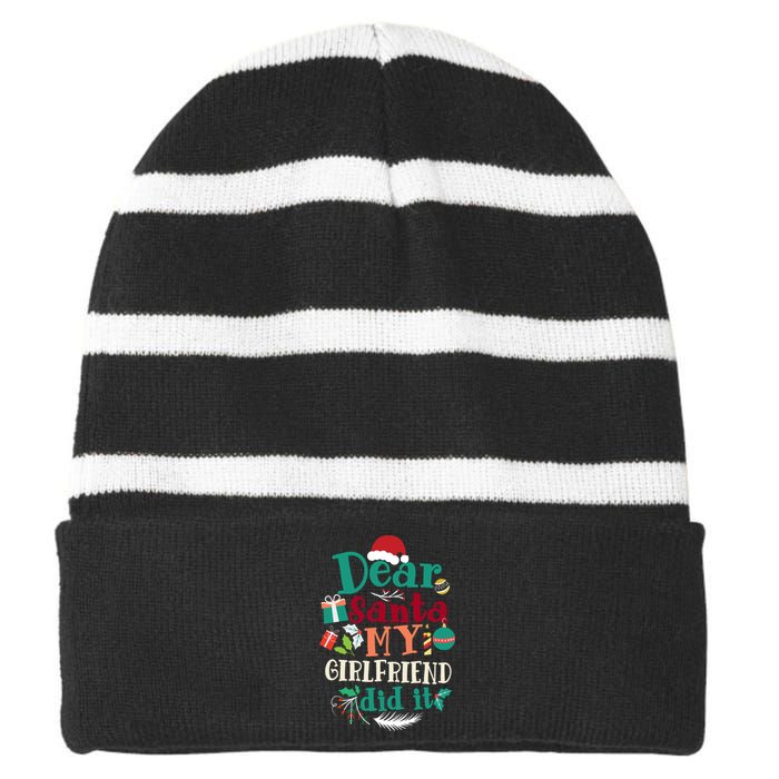 Dear Santa My Girlfriend Did It Funny Christmas Pajama Striped Beanie with Solid Band