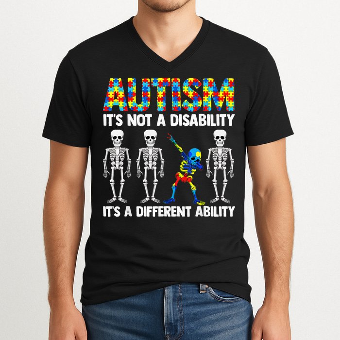 Dabbing Skeleton Not A Disability ASD Awareness V-Neck T-Shirt