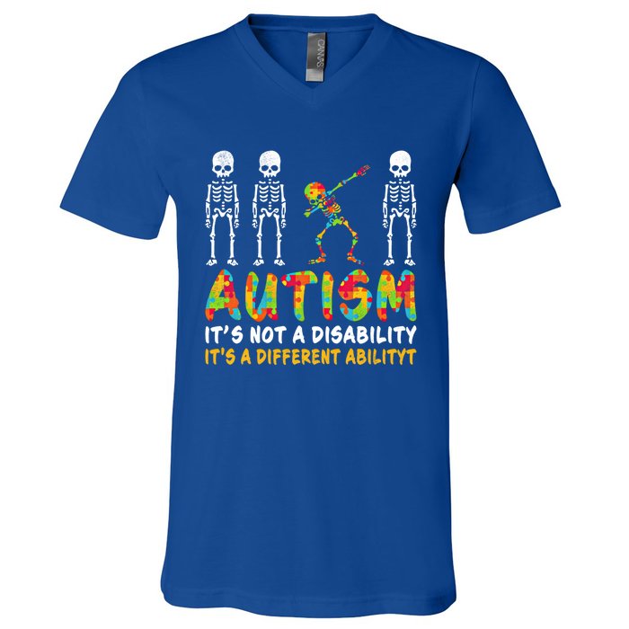 Dabbing Skeleton Not A Disability Autism Awareness Gift V-Neck T-Shirt