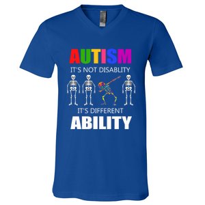 Dabbing Skeleton Not A Disability Autism Awareness Great Gift V-Neck T-Shirt