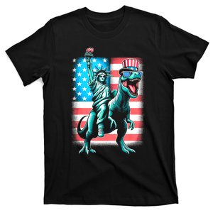 Dino Statue Of Liberty 4th Of July American Flag T-Shirt