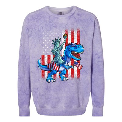 Dino Statue Of Liberty 4th Of July American Flag Colorblast Crewneck Sweatshirt