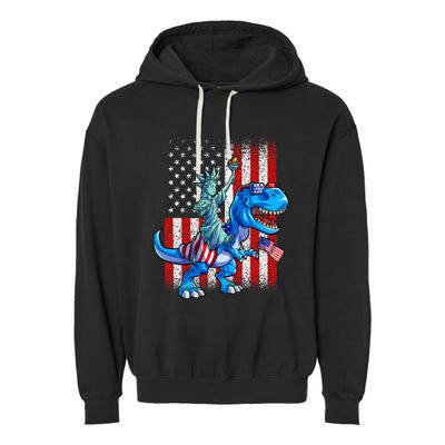 Dino Statue Of Liberty 4th Of July American Flag Garment-Dyed Fleece Hoodie