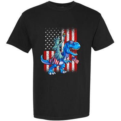 Dino Statue Of Liberty 4th Of July American Flag Garment-Dyed Heavyweight T-Shirt