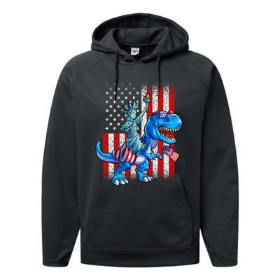 Dino Statue Of Liberty 4th Of July American Flag Performance Fleece Hoodie