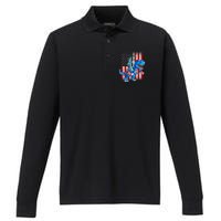 Dino Statue Of Liberty 4th Of July American Flag Performance Long Sleeve Polo