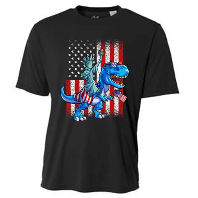 Dino Statue Of Liberty 4th Of July American Flag Cooling Performance Crew T-Shirt