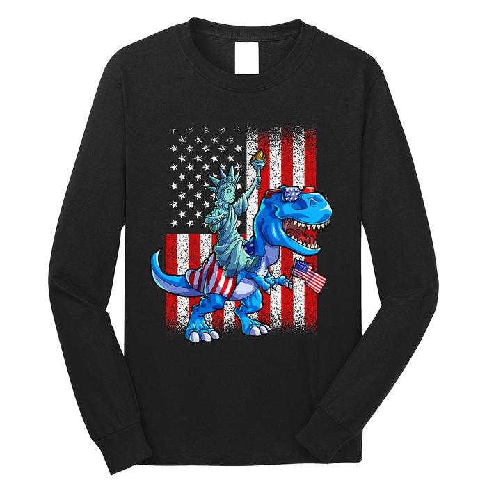 Dino Statue Of Liberty 4th Of July American Flag Long Sleeve Shirt