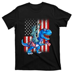 Dino Statue Of Liberty 4th Of July American Flag T-Shirt