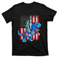 Dino Statue Of Liberty 4th Of July American Flag T-Shirt