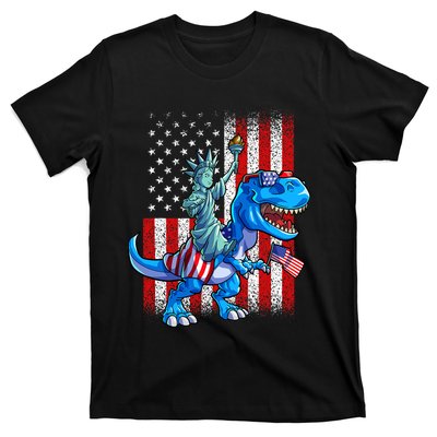 Dino Statue Of Liberty 4th Of July American Flag T-Shirt